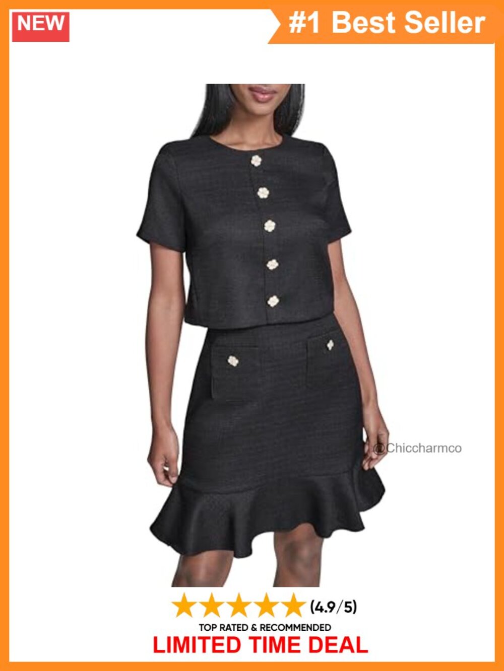 Faux Tweed A-Line Short Sleeve Work Dress Crew Neck